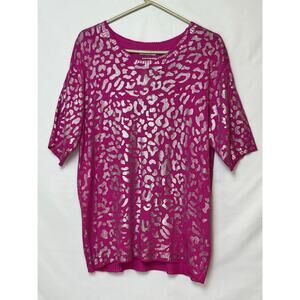 NWT Andthewhy Women's M/L Pink Silver Leopard Knit Short Sleeve Sweater Top